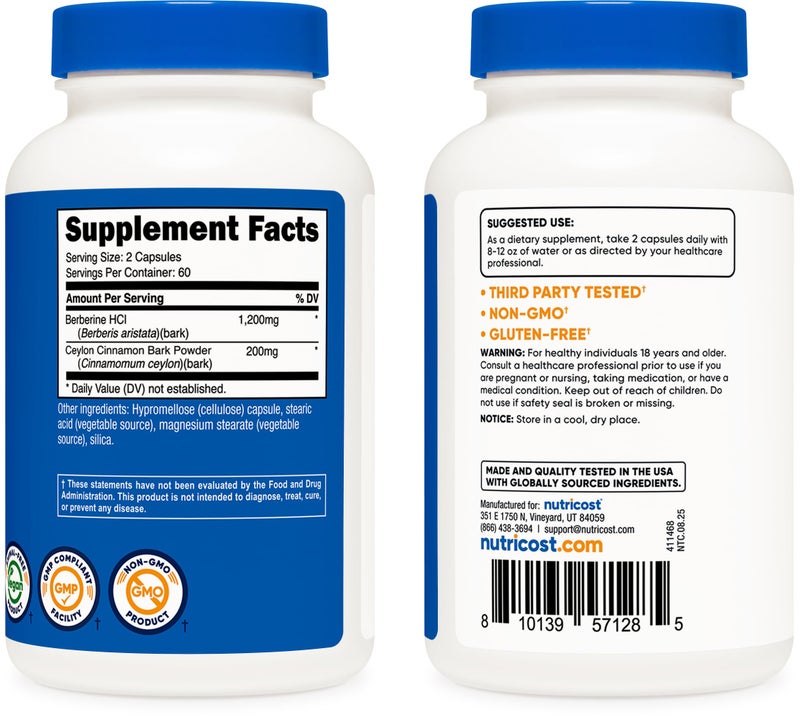 Nutricost Berberine HCl with Ceylon Cinnamon Capsules (120 Capsules, 60 Servings) - Non-GMO, Animal-Free Product - Image 4